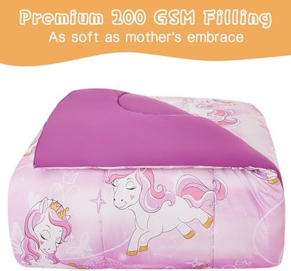 Yibeizi Unicorn Kids Comforter Set for Girls Twin Lavender Bedding