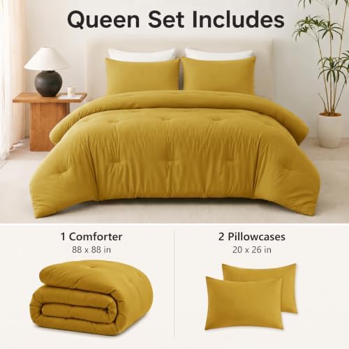 CozyLux Queen Comforter Set 3-Piece Down Alternative Bedding Mustard Yellow