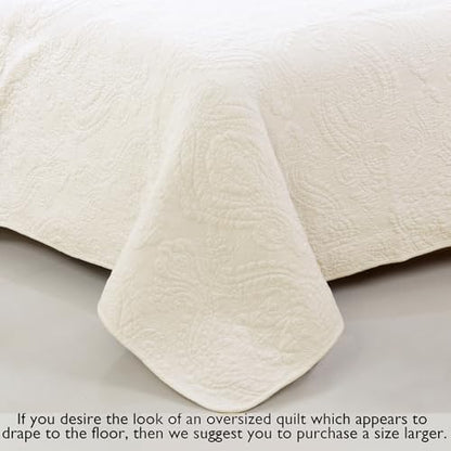Cozy Line Home Fashions Ivory Cotton Quilt Set – 3-Piece Quilted Damask Medallion Bedspread with Shams, Textured All Season Elegant Bedding, Queen