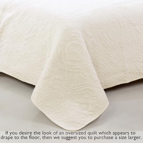 Cozy Line Home Fashions Ivory Cotton Quilt Set – 3-Piece Quilted Damask Medallion Bedspread with Shams, Textured All Season Elegant Bedding, King