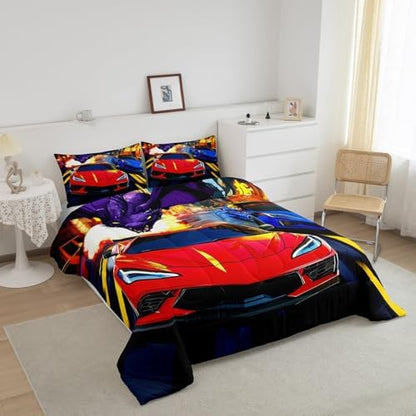 Feelyou Racing Car Bedding Set Queen Size Red Blue Racing Car Comforter Set for Kids Boys Teens Dinosaur Monster Duvet Set Fast and Furious Quilt Set 3Pcs