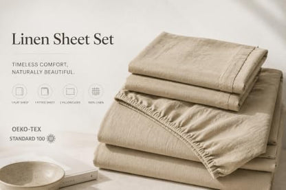 MEISHANG 100% French Linen Sheets Queen,4 Pcs,16" Deep Pocket