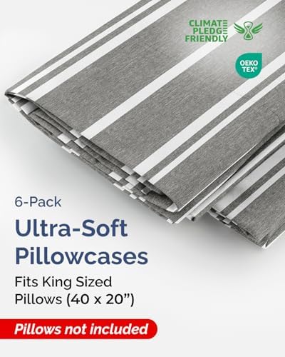 King Pillow Cases Set of 6 - Ultra Soft Pillowcase Covers - Grey Stripes