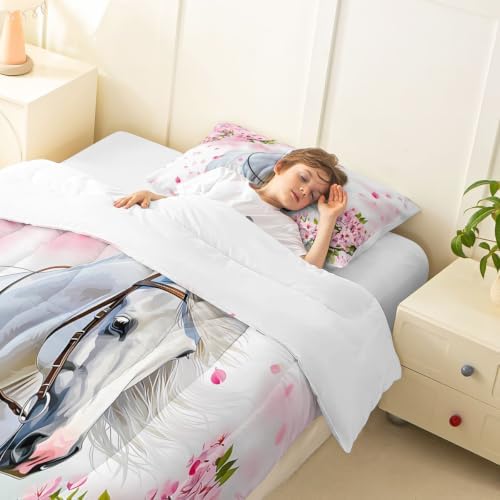 Feelyou White Horse Comforter Set Queen Size Bedding Set for Teens