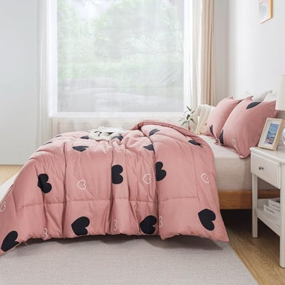 Caressma Pink Comforter Set Queen Size Black Heart 3pcs with Pillowcase