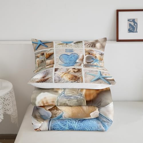Erosebridal Beach Comforter Set, Ocean Themed Bedding Set Full Size Coastal Nature Duvet Sets Starfish Love Heart Bedding Comforters for Kids Boys Girls Teens Adult Bedroom Decor