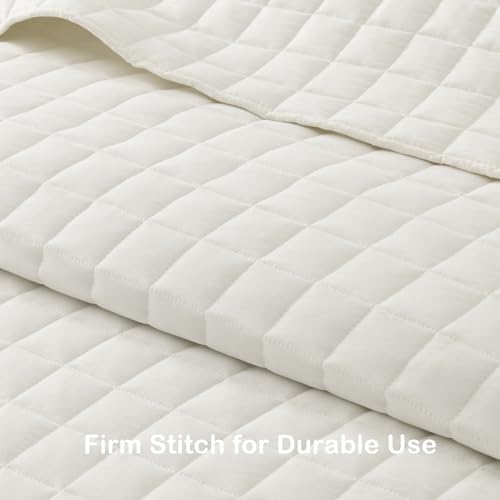 HORIMOTE HOME Ivory Ruffled Quilt Set King Size, Classic Geometric Square Stitched Pattern, Pre-Washed Farmhouse Shabby Chic Microfiber Lightweight Bedding Set Bedspread Coverlet for All Season
