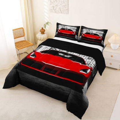 Feelyou Boys Red Race Car Comforter Set Toddler Size Red Luxury Car Bedding Set for Kids Boys Girls Extreme Sports Duvet Quilt Fast and Furious Bedroom Decor 2 Pcs with 1 Pillow Cases