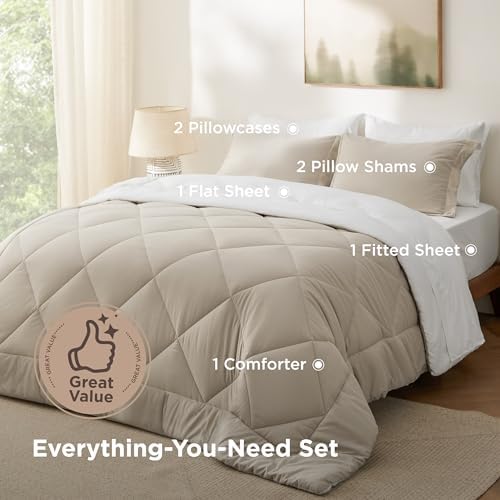 Bedsure Bed in a Bag King Reversible Bed Set 7 Pieces Beige/White