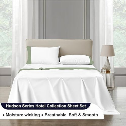 SGI bedding Hudson Hotel Collection 4 Piece Egyptian Cotton Sheets King Size - 15" Deep Pocket, Premium Cotton, Elegant 4" Moss Hem on White Sheet - White/Moss