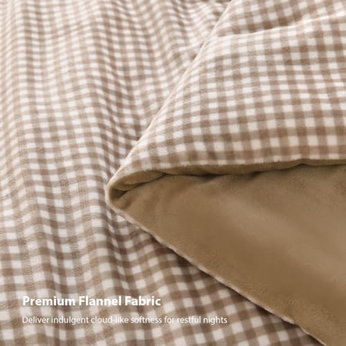 Litanika Velvet Flannel Gingham Comforter Set King, 3 Pcs Tan Bedding
