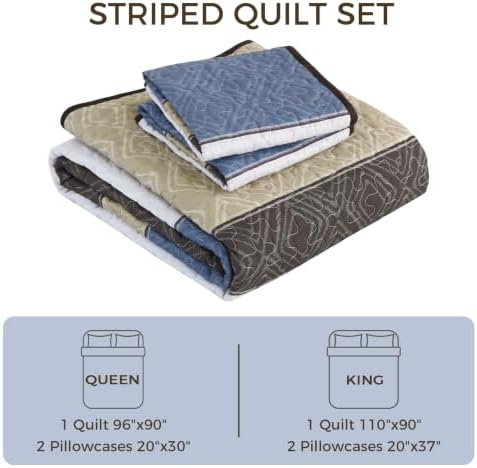 Cottolester Quilt King Size,Brown Blue Striped Plaid Bedsperad Coverlet Set