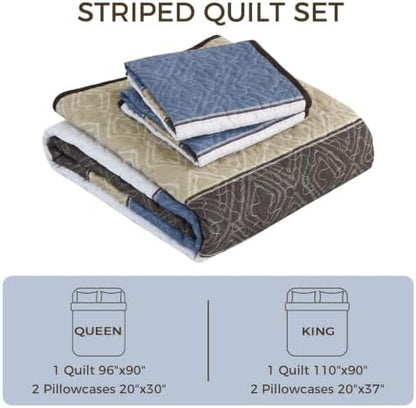 Cottolester Quilt King Size,Brown Blue Striped Plaid Bedsperad Coverlet Set