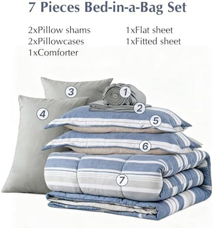 Queen Comforter Set Coastal Striped Sea Blue 7 Pieces Bed in a Bag