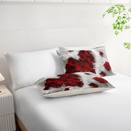 7 Piece Rose White and Red Comforter Set Queen Size Bed，Valentine’S Day Valentines Day Bedding Queen Floral，(1 Comforter, 1 Flat Sheet, 1 Fitted Sheet, 2 Pillowcase and 2 Pillow Sham)