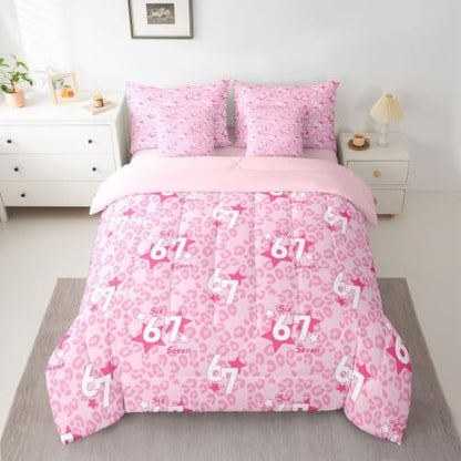 Erosebridal Pink Leopard 7 Piece Bedding Set Twin Size for Girls 67 Number Print Kids Comforter Set Cute Girly Six Seven Bed in A Bag African Cheetah Print Trendy Fashion Bed Set