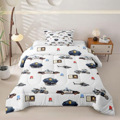 Feelyou Police Car Comforter Set Toddler Size Policeman Vehicle Bedding Set for Kids Boys Girls Aircraft Cartoon Car Duvet Quilt Bedroom Decor Microfiber 2 Pcs with 1 Pillow Case