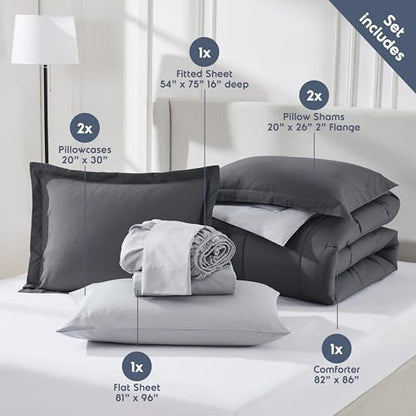 Nestl 9 Piece Full Comforter Set – Dark Grey Reversible Bed in a Bag – Complete Full Size Bedding Set with Sheets, Set of 2 Down Alternative Pillows, Pillowcases and Shams