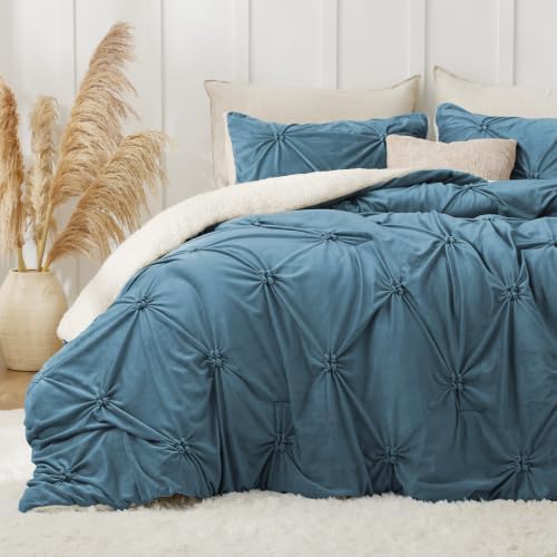 BEDELITE Fluffy Sherpa Twin Comforter Set,Pintuck-Blue Fog