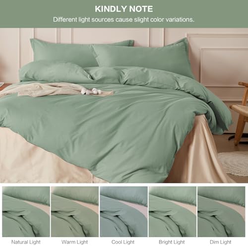 SAPHREAS 100% Washed Cotton Duvet Cover Queen Size Set, Linen Like Comforter Cover with Zipper Closure & Corner Ties (No Comforter), 90x90 Sage Green