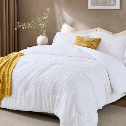 JOLLYVOGUE Twin/Twin XL Comforter Set, Boho Tufted 2PCS Bed Set, White