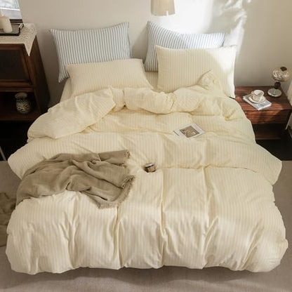 FOSSA Striped Duvet Cover Set Washed Cotton Linen Feel Oversized King Plus