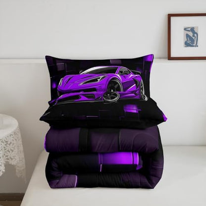 Erosebridal Kids Race Car Bedding Set Twin Size Purple Racing Car Comforter Set for Boys 2 Pieces Extreme Sports Theme Bedding Comforter Sets Abstract Plaid Grid Down Comforter Teens Bedroom Decor