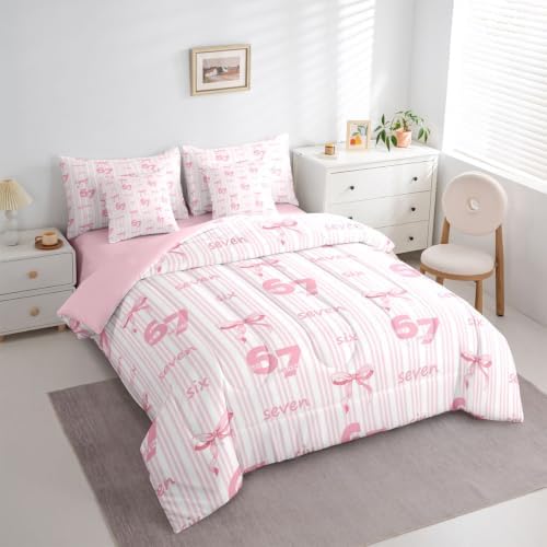 Erosebridal King Size Pink 67 Bow Comforter Set 7 Piece for Kids Girls Princess Bedroom,Cute Coquette Bowknot Bedding Set Girly Kawaii Six Seven Bed in A Bag Funny Trendy Number Print Bed Set