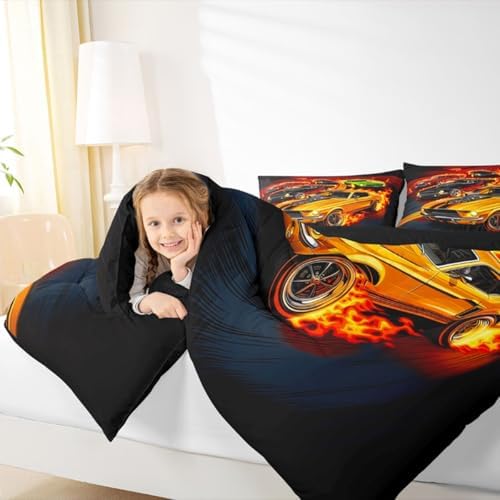 Feelyou Boys Race Car Kids Comforter Set Full Size Speed Sports Car Bedding Set Extreme Sports Duvet Quilt for Kids Boys Girls Bedroom Automobile Decor Microfiber Ultra Soft Breathable