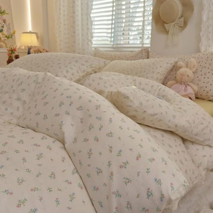 VM VOUGEMARKET Pink Blue Floral Duvet Cover Set Twin with Green Leaves Soft Breathable Muslin Cotton Bedding Set,Off-White Comforter Cover and 2 Pillowcases for Teen Girls