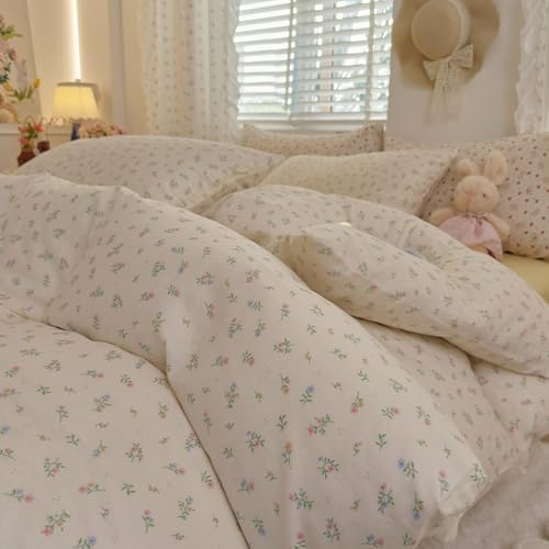 Pastel Ditsy Floral Duvet Cover Set, Cream Off-White Double Layer Gauze Cotton Bedding Set, Soft Breathable Green Leaves Comforter Cover for Cottagecore French Country Bedroom Decor, Queen Size