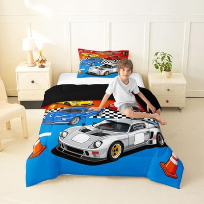 Feelyou Boys Sports Car Comforter Set Toddler Size Speed Race Car Bedding Set for Kids Boys Girls Racing Extreme Sports Duvet Quilt Automobile Bedroom Decor Microfiber 2 Pcs with 1 Pillow Cases
