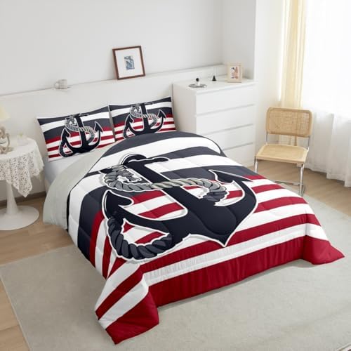 Nautical Anchor Comforter Set Full Size,Black Red Stripes Bedding Set 3pcs for Kids Teens Boys Adults Room Decor,Sea Adventure Themed Quilt Set Geometric Abstract Duvet Insert,2 Pillowcases