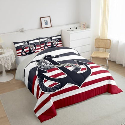 Nautical Anchor Comforter Set Full Size,Black Red Stripes Bedding Set 3pcs for Kids Teens Boys Adults Room Decor,Sea Adventure Themed Quilt Set Geometric Abstract Duvet Insert,2 Pillowcases
