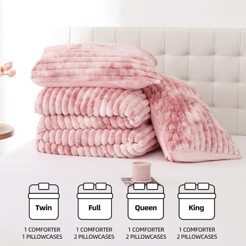 Smoofy Fluffy Queen Size Comforter 3 PCS - Tie Dye Pink Fleece Bedding Set