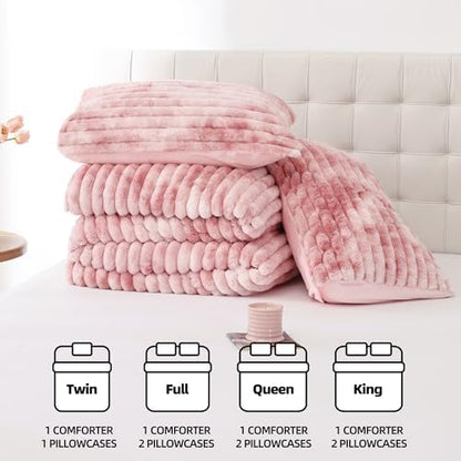 Smoofy Fluffy Queen Size Comforter 3 PCS - Tie Dye Pink Fleece Bedding Set