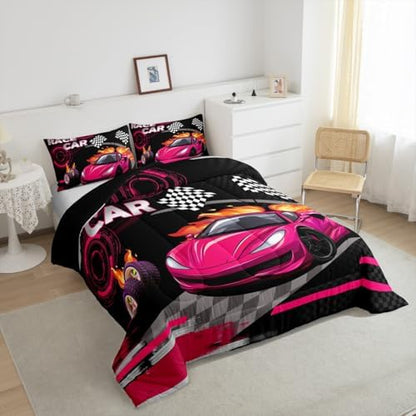 Feelyou Kids Rose Pink Race car Comforter Set Twin Size Speed Sports Car Bedding Set Boys Girls Automobile Racing Car Quilt Set Extreme Sports Theme Bed Set