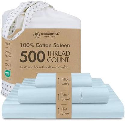 Threadmill 500TC Cotton Twin Sheet Set, Damask Stripe, Light Blue, 3-Piece