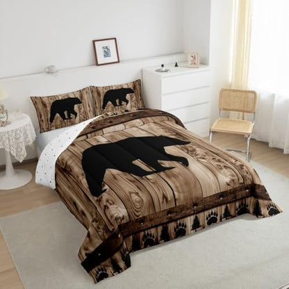 Castle Fairy Bear Comforter Set Twin Size,Rustic Farmhouse Style Bedding Set 2Pcs,Hunting Wild Animal Quilt Set for Kids Boys Men Adult Room Decor,Brown Wooden Board Print Duvet Insert,1 Pillowcase