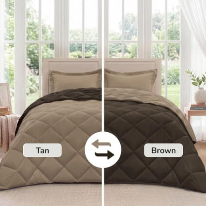 downluxe Full Comforter Set Soft Reversible 3 Pieces, Brown/Tan