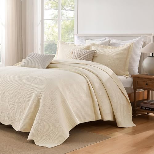 Cotton Floral Embroidery Bedspread Quilt Set (Tu Beige,King (114"x102"))
