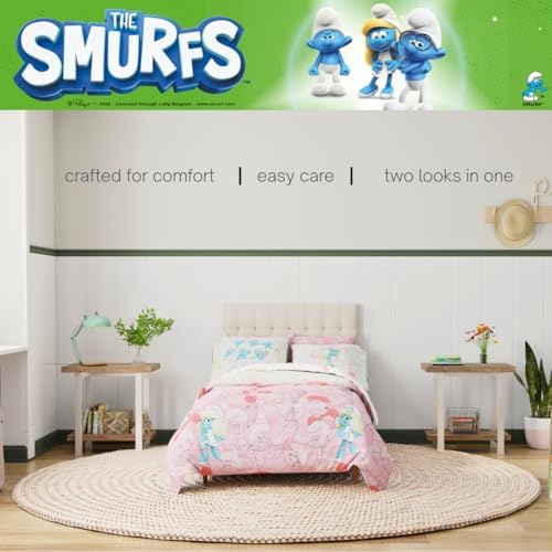 The Smurfs Smurfette Twin Bedding Set – 5 Piece Kids Super Soft Microfiber Reversible Comforter & Sheet Set - Pink, (Officially Licensed Product) by Franco