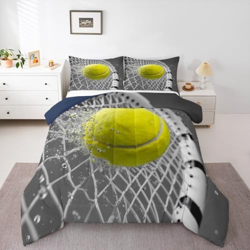 Castle Fairy Tennis Sports Bedding Set Toddler Size 3D Tennis Racket Comforter Set for Girls Boys Room Decor Fashion Sport Ball Games Down Comforter Yellow Grey Quilt Set with 1 Pillowcase