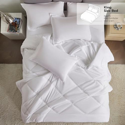 JOIEDOMI King Size Comforter Set with Sheets White, 7 Pieces King Bedding Set with 1 Down Alternative Comforter, 1 Flat Sheet, 1 Fitted Sheet, 2 Pillowcases and 2 Pillow Shams Bed in a Bag All Seasons