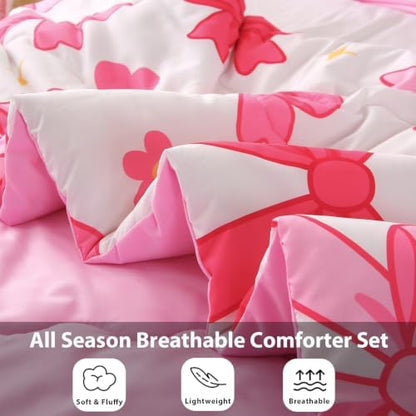 7 Piece Pink Bow Bedding Set for Girls Kids Full Size Bowknot Comforter Set Super Soft Cute Bed in a Bag Microfiber Lightweight Bed Set for Teens Room Decor