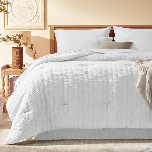Laojin Balhen Twin Comforter Set 5 Pieces, White Seersucker Bed in a Bag Set Twin Size, All Season Luxury Bedding Sets with Comforter, Sheets, Pillowcase & Sham