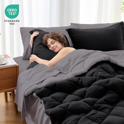 MUXHOMO 7 Pieces Oversized King Comforter Set, Reversible Bed in a Bag Oversized King Size, All Season Bedding Set with Comforter, Flat Sheet, Fitted Sheet, Pillowcases & Shams, Black & Soot