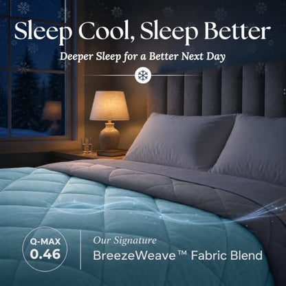 Cooling Comforter - BreezeWeave Cooling Blanket Queen Size for Hot Sleepers & Deep Rest - Cloud Soft, Breathable, Ultra Durable, Easy Care, Reversible - 90 x 90 in (Blue & Dark Grey)