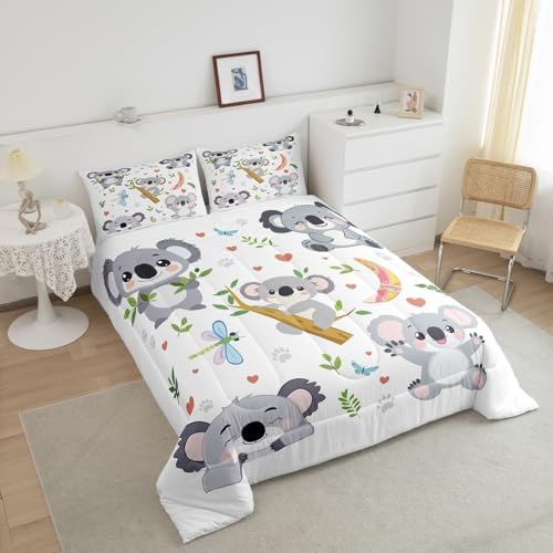 Homewish Cute Koala Comforter Set Twin Size,Kawaii Cartoon Animal Bedding Sets for Kids Girls Boys Adult Room Decor,Tropical Leaves Down Comforter Butterfly Dragonfly Paw Print Quilt Set,1 Pillowcase