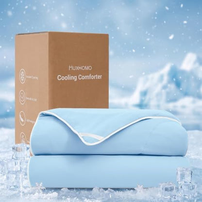 MUXHOMO Cooling Comforter Queen Size, Cooling Blanket for Hot Sleepers and Night Sweats, Lightweight Summer Comforter with Breathable Bamboo-Derived Rayon Fill, 90x90 Inches, Blue